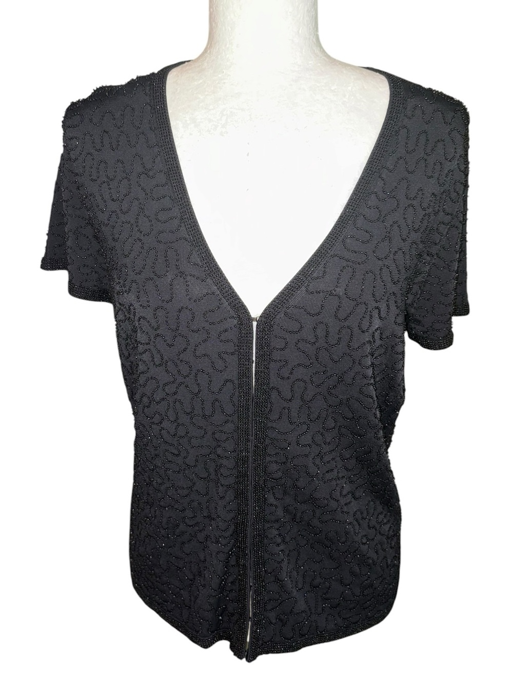 NEW Lafayette 148 Black Beaded Short Sleeve Knit Cardigan - M